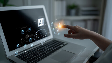 AI neural network and data processing system visualizing artificial intelligence with brain structure, chip, and connected data blocks for computation and learning Latch