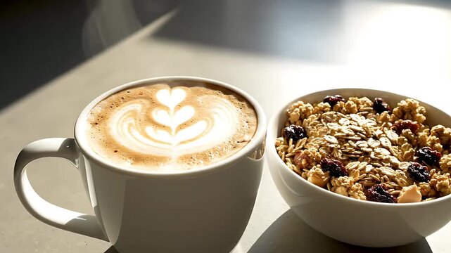 Delicious Morning Breakfast Scene Featuring a Steaming Latte with Beautiful Heart Leaf Latte Art and a Healthy Bowl of Granola with Fruits and Nuts