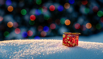 Gift Box on Snow with Holiday Lights
