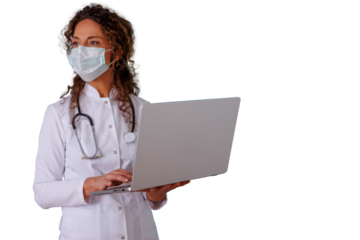 Female doctor wearing surgical mask holding laptop, working on computer, providing telemedicine, transparent background