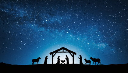 Nativity Scene Silhouette with Starry Sky