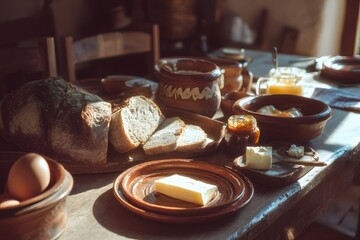 Table with a variety of food items including bread, butter, and eggs. The table is set for a meal and the mood is inviting and warm