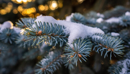 Snow-Covered Evergreen Branches with Bokeh Lights