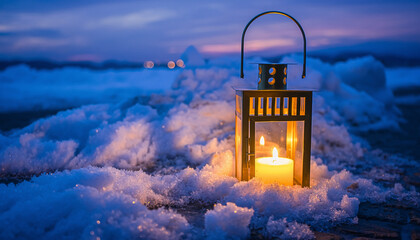 Outdoor Lantern in Snow at Twilight