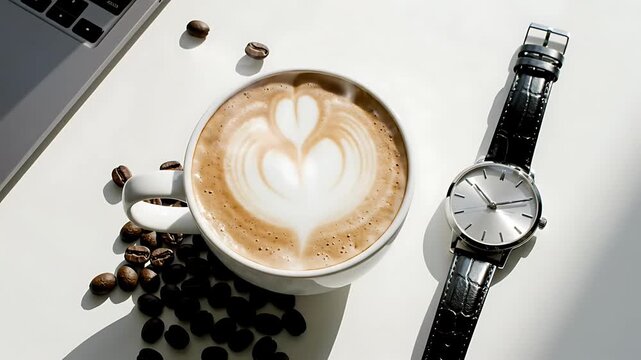 Morning coffee break with a beautiful latte heart art classic wristwatch scattered coffee beans and a laptop on a clean white desk perfect for productivity
