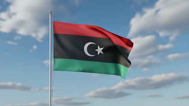 Libyan flag proudly waving in a clear blue sky with gentle clouds, symbolizing national pride and freedom