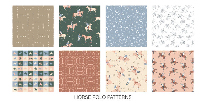 Seamless vector patterns with horse polo players, bits, saddles, stirrups and horseshoes in pastel colors for textile and wallpaper design