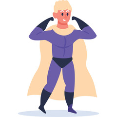 Blond Haired Man With Cape In Purple Suit Flexing Muscles With Tan Cape And Black Gloves And Boots With A Transparent Background
