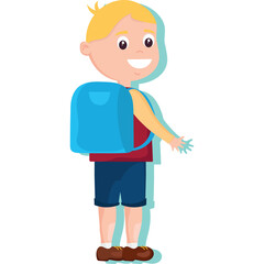 Blond Haired Boy Wearing A Blue Backpack Red Shirt And Blue Shorts With A Happy Expression And Shadow Outline