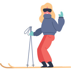 Blonde Haired Woman In Ski Gear Waving With Ski Poles And Skis On White Background