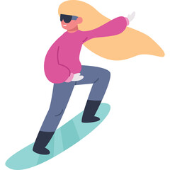 Blonde Haired Woman Snowboarding Downhill Wearing Pink Sweater Blue Pants and Black Boots with Goggles and Mint Green Snowboard on a White Background