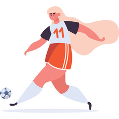 Blonde Woman Wearing A White And Orange Soccer Uniform Kicking A Ball On A White Background
