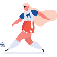 Blonde Woman in White Blue And Orange Soccer Uniform Kicking Ball With Long Flowing Hair and White Background