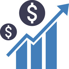 Blue and Dark Blue Bar Chart Graphic with Upward Arrow and Dollar Signs Illustrating Financial Growth and Investment Success Against a Transparent Background