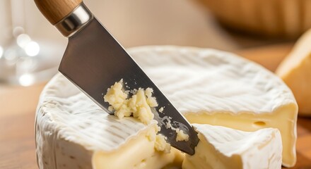 Realistic close up of a knife slicing soft brie with shallow depth of field