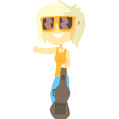 Blonde Haired Cartoon Person Wearing Orange Sunglasses And Tank Top Holding A Guitar Case Giving A Thumbs Up Gesture With A Transparent Background