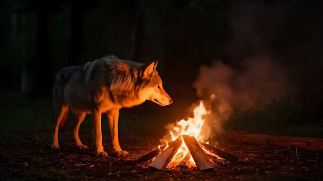 Enchanting video of a wolf near a campfire in the forest at night offering a sense of mystery and