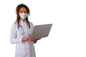 Female doctor in lab coat and surgical mask using laptop, providing remote healthcare service with transparent background