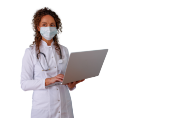 Female doctor in lab coat and surgical mask using laptop, providing remote healthcare service with transparent background