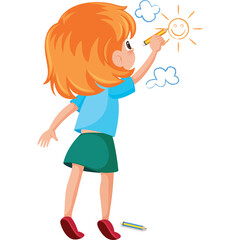Cartoon Young Girl With Orange Hair Drawing A Smiling Sun and Clouds With Chalk on A White Background