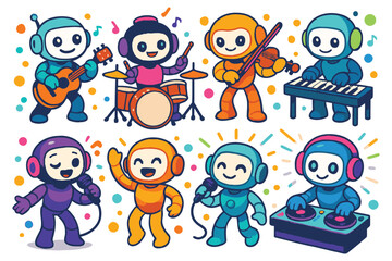 A group of cute, stylized characters with headphones are depicted in a vibrant, playful scene, engaged in musical activities.
