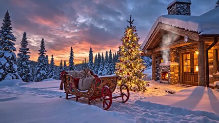 Enchanting Winter Wonderland with Santas Sleigh and Illuminated Christmas Tree at Sunset.
