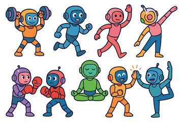 A collection of colorful, anthropomorphic robots participating in different exercises and sports, showcasing a variety of fitness activities.