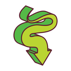A 3D stylized green arrow pointing downwards with a subtle wave effect and a dark outline against a transparent background