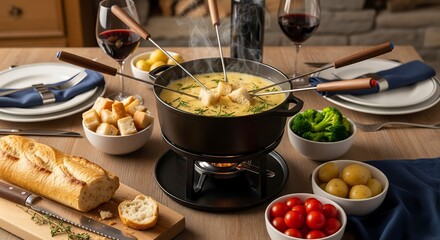 Classic cheese fondue setup with steam and elegant dining utensils