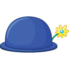 A Blue Bowler Hat With A Small Yellow Flower Emerging From The Side Against A Transparent Background