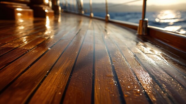 Gleaming teak deck of a luxury vessel at sunrise