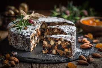 Obraz premium Italian panforte packed with nuts, dried fruits, and warm aromas, presented in a classic Siena style for a rich gourmet look. Fruitcake.