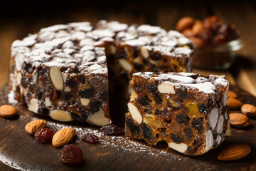 Fototapeta premium Italian panforte packed with nuts, dried fruits, and warm aromas, presented in a classic Siena style for a rich gourmet look. Fruitcake.