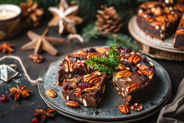 Fototapeta premium Italian panforte packed with nuts, dried fruits, and warm aromas, presented in a classic Siena style for a rich gourmet look. Fruitcake.