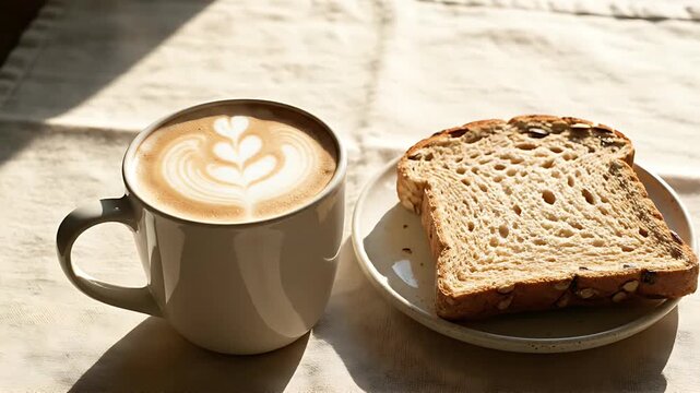 Cozy morning breakfast scene featuring a beautiful latte art coffee in a mug next to healthy seeded whole grain toast on a sunlit table evoking warmth and relax