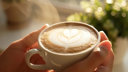 Hands holding a beautiful steaming cup of coffee latte featuring delicate heart-shaped art perfect for a warm and cozy morning or a relaxing break with natural  - Powered by Adobe