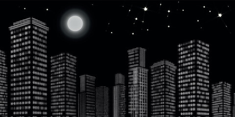 Naklejka premium A monochrome illustration of a city skyline at night with a full moon and stars in the dark sky.