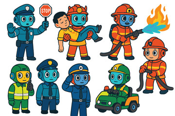 A vibrant collection of cartoon characters representing various emergency services and safety professions, including police, firefighters, and construction workers.