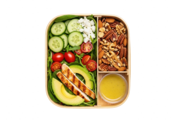 Grilled chicken, salad, nuts and sauce. Healthy bento box lunch isolated on transparent background