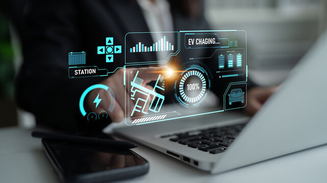 Charging interface for electric vehicles showing real-time battery level, charging status, power output, station location, and navigation for efficient energy management Latch - Powered by Adobe