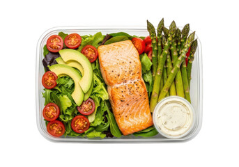 Grilled salmon with asparagus, avocado and tomato. Healthy salmon salad food preparation utensils isolated on transparent background