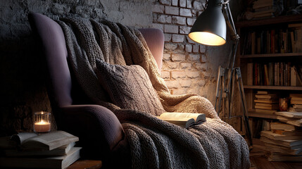 Cozy reading nook with warm light and soft blankets in a vintage room