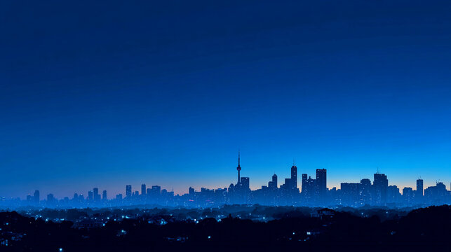 Stunning city skyline at twilight with a vibrant blue hue
