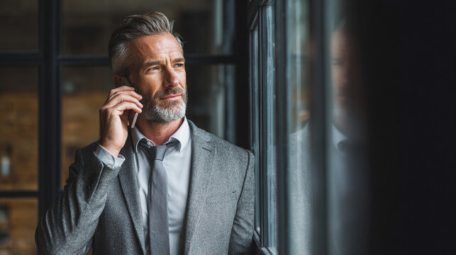 Businessman on phone call in modern office setting - Powered by Adobe