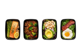 Four food containers with healthy food. Containers preparing a variety of healthy foods including salmon, noodles, chicken and salad, isolated on a transparent background