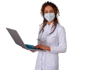 Female doctor wearing mask and stethoscope using laptop for telehealth consultation, delivering online medical service