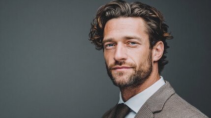 Handsome man in a suit posing confidently against a neutral backdrop