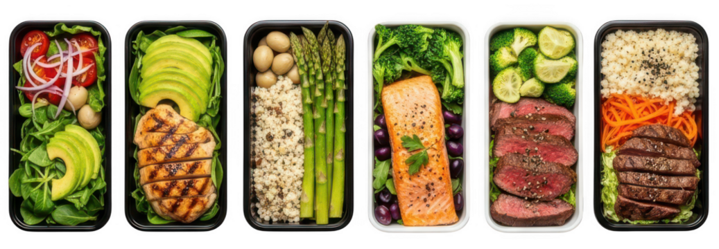 Healthy meal prep containers with chicken, salmon and steak. Assortment of healthy meal prep containers with lean protein and vegetables isolated on transparent background