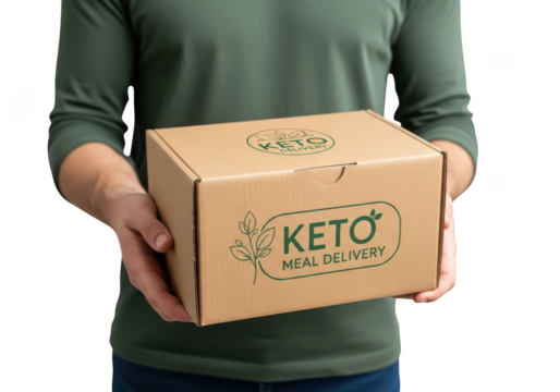 A man holding a keto food delivery box. A man delivering healthy food separately on a transparent background