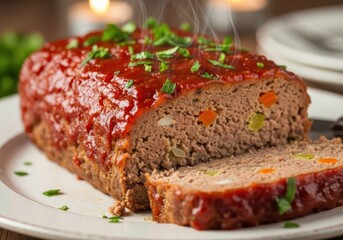 Homemade ground beef meatloaf with ketchup glaze and fresh parsley garnish